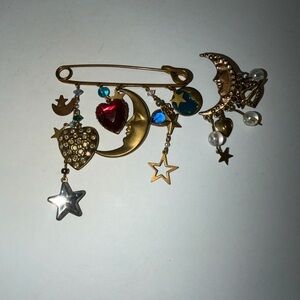 Vtg Two Muted Gold-Tone Charmed Brooch Pins